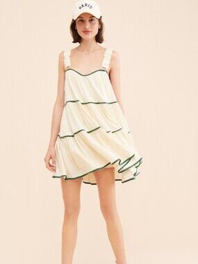 Sancia - Flowy Cream Tiered Dress with Green Accent